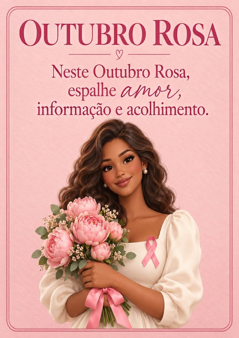 Imagem Outubro Rosa com mulher de vestido branco segurando buquê de flores rosas e usando laço de conscientização